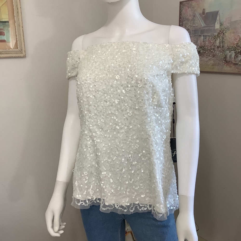 Adrianna Papell Sequin Off-Shoulder Blouse in White